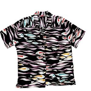 Abstract novelty print fish pattern boxy women’s rayon vintage 80’s top blouse-L